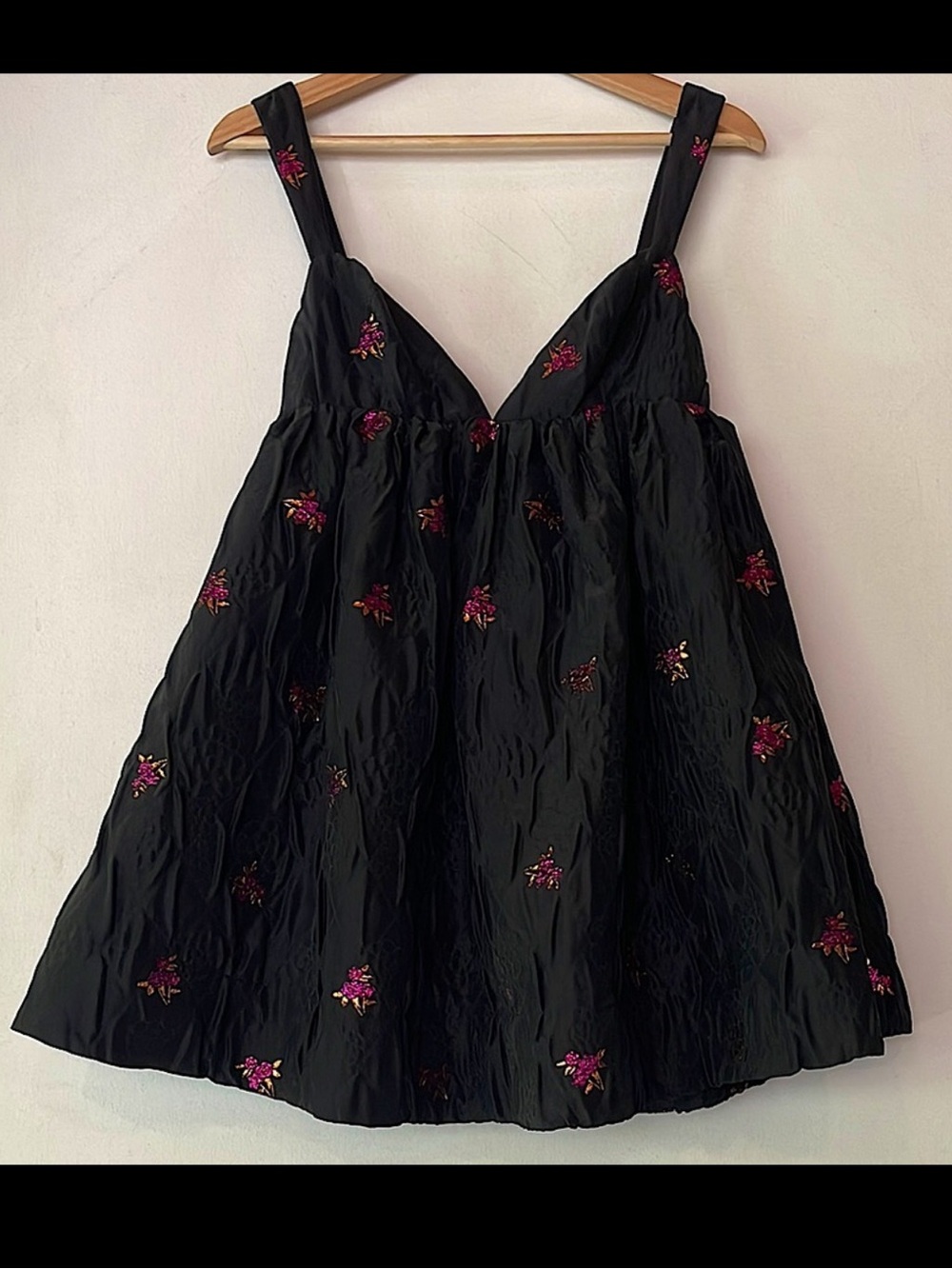 For Love & Lemons Black Mini Dress with Pink Embroidery
